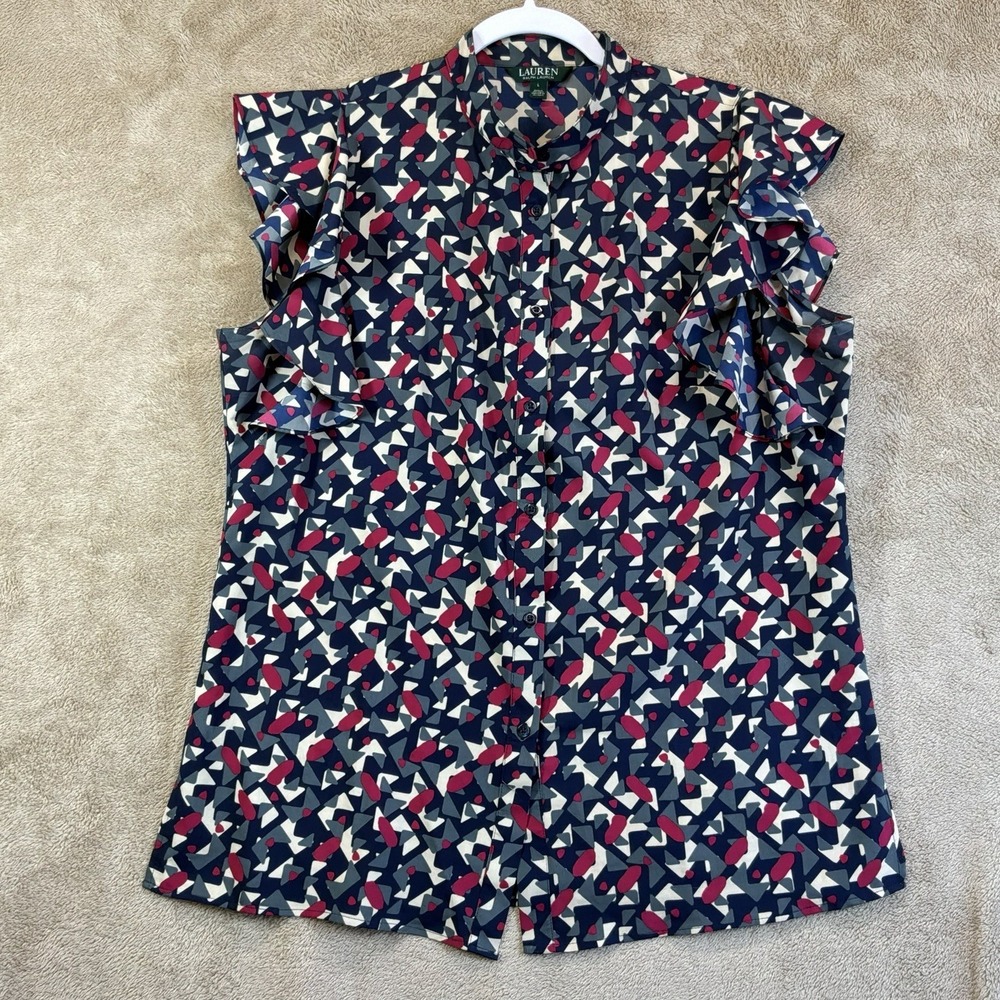 Lauren Ralph Lauren Sz L Chiffon Button Top Flutter Sleeve Graphic Career EUC